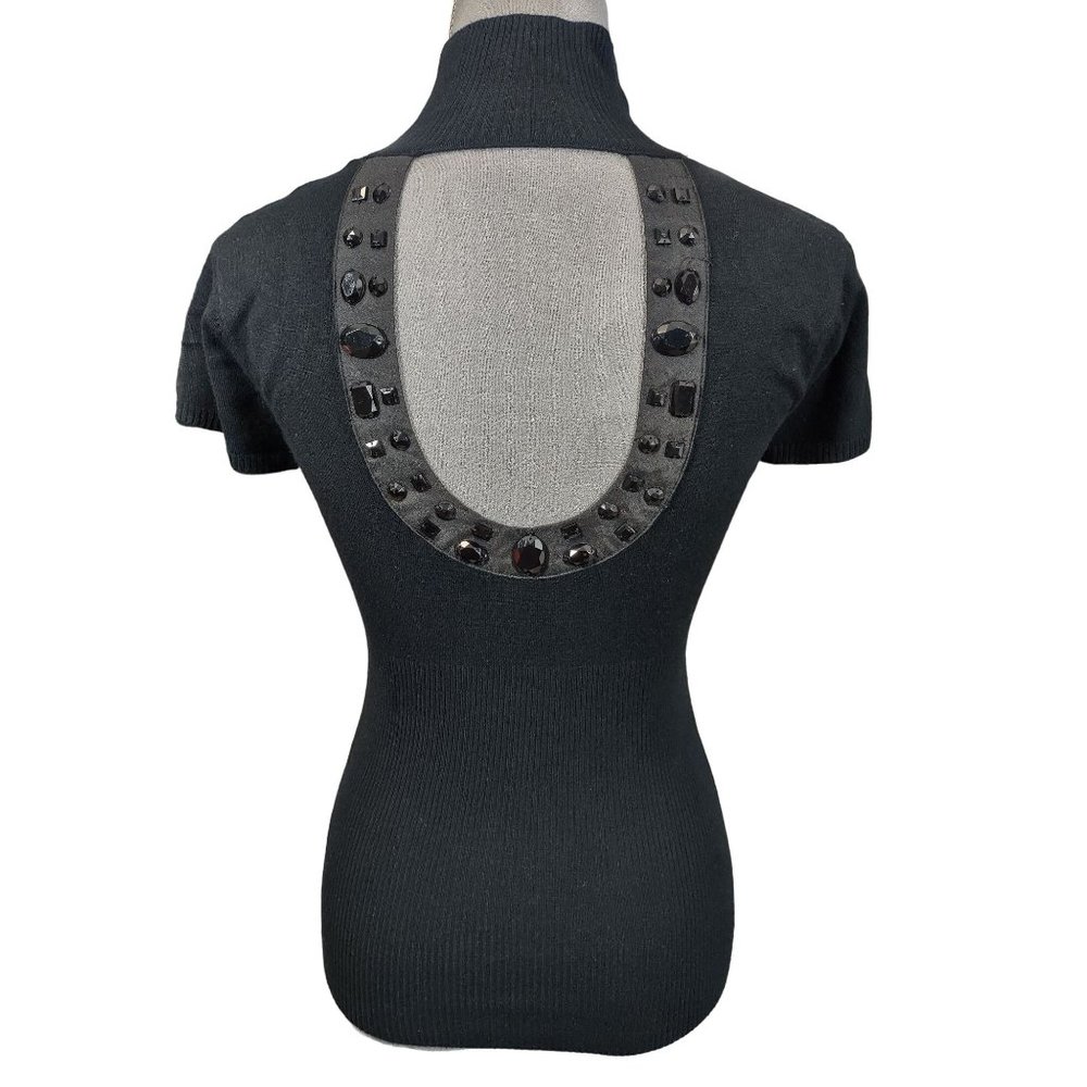 Vintage Y2K Sweater Black Beaded Cutout High Neck Short Sleeve Sexy Size Medium